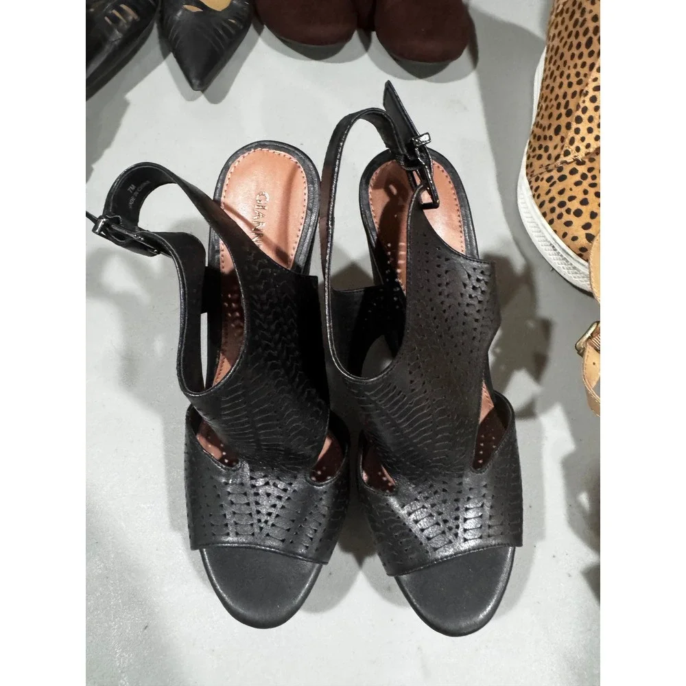 Gianni Bini Black Leather Perforated Wedge Sandals Slingback Platform Size 7M